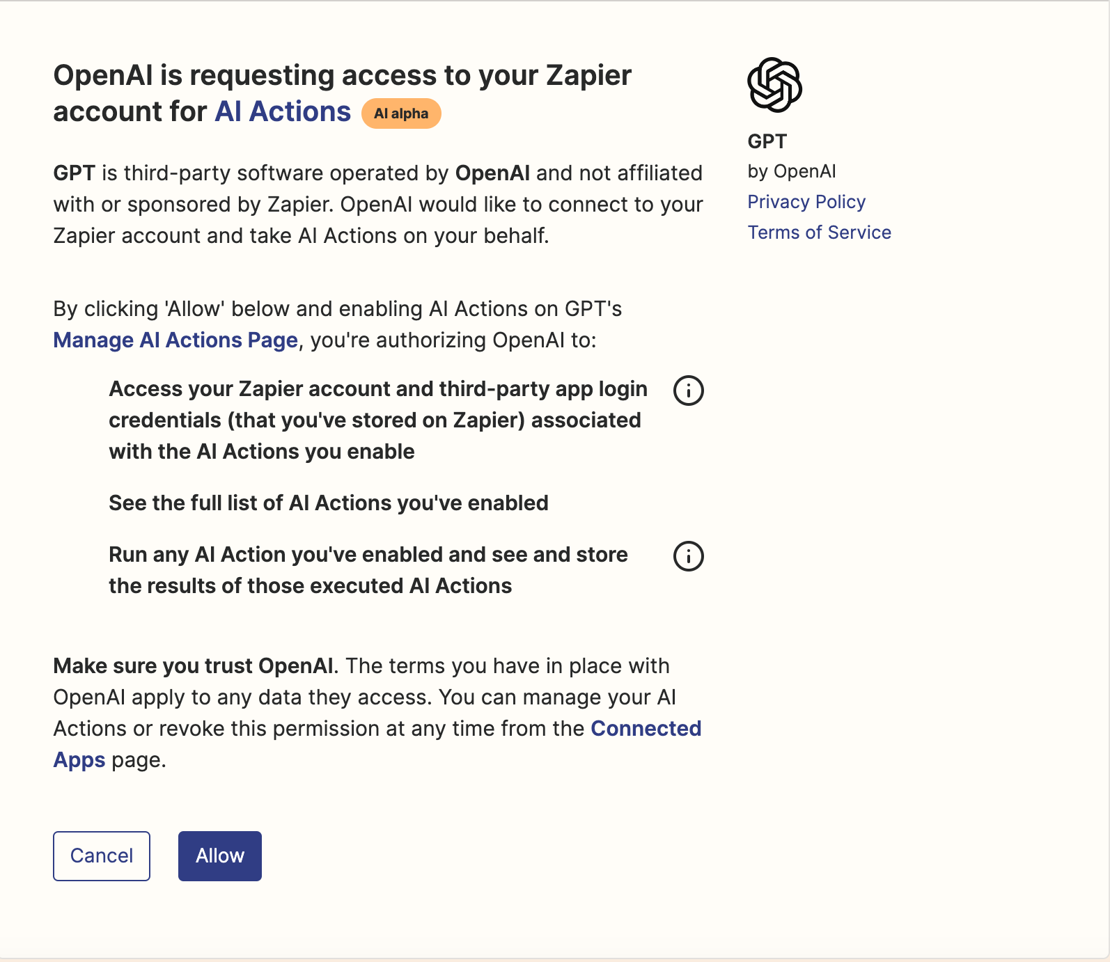 Zapier AI Action 대시보드 접근 권한 요청